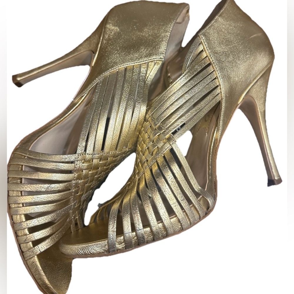 Boutique 9 Metallic Gold Woven Peep-Toe Heels Sz 10M - Picture 5 of 9